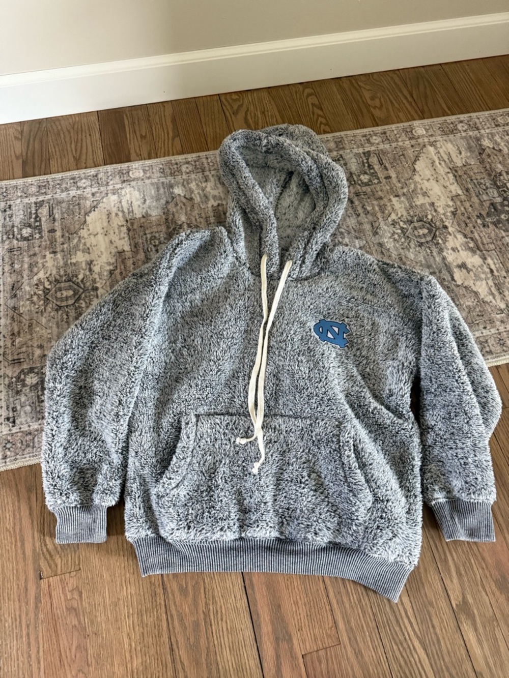 Cozy Gray Fuzzy Hooded Sweater with North Carolina Logo